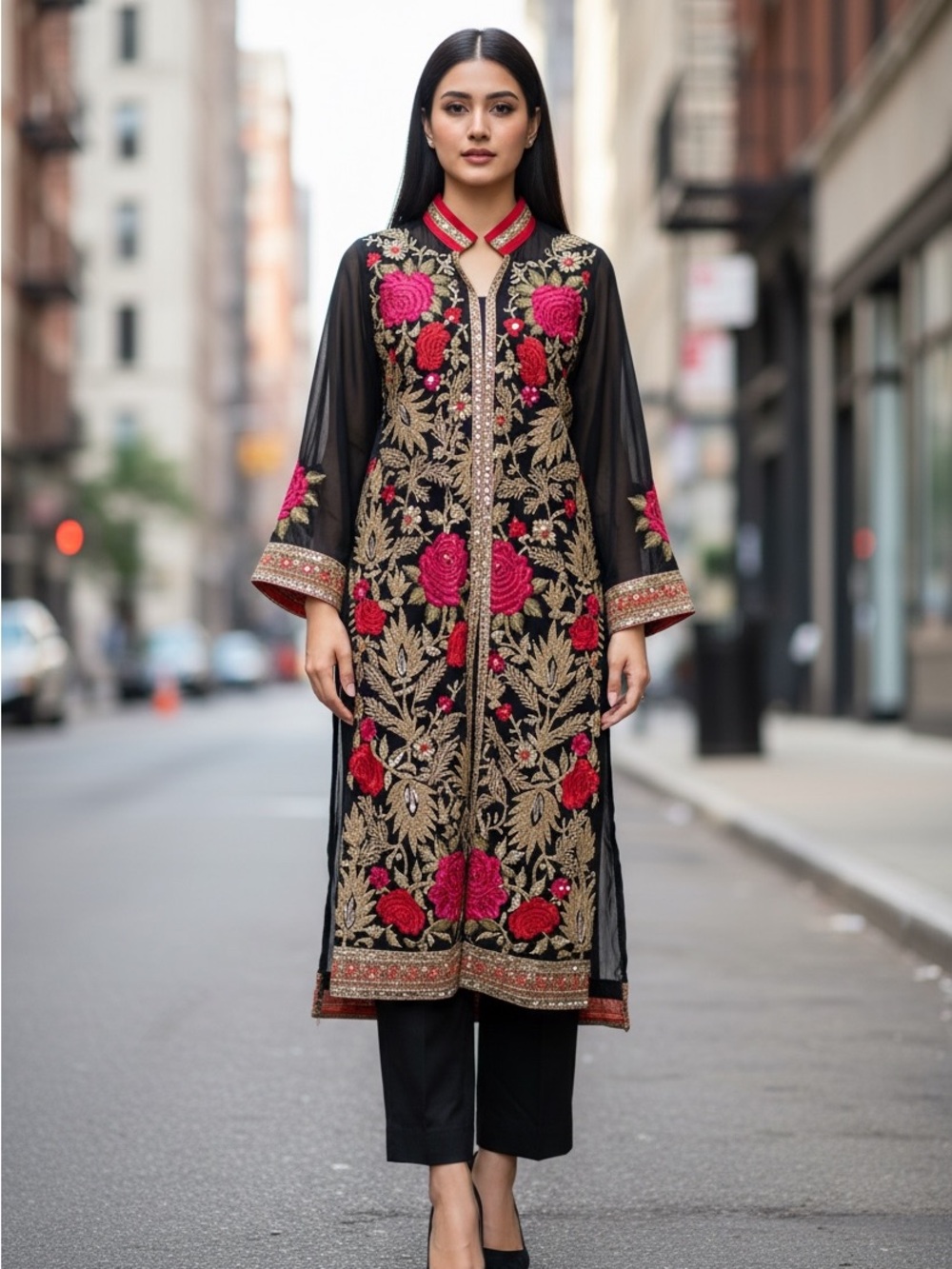 3 piece Elegant Black & Pink Embroidered Long Top - Women's Pakistani outfit